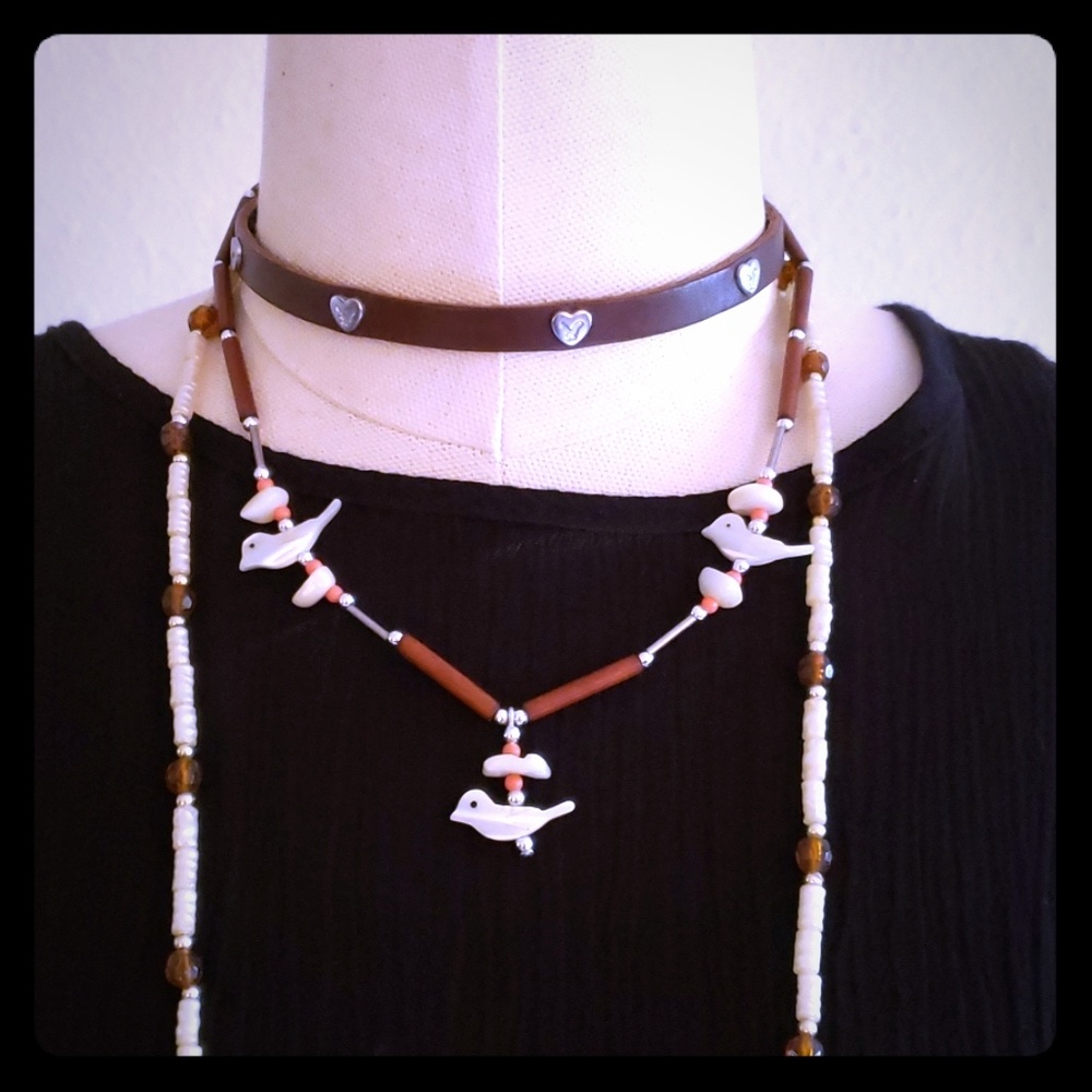 3 VINTAGE boho layered necklaces Beaded, Leather, Bird, Shell